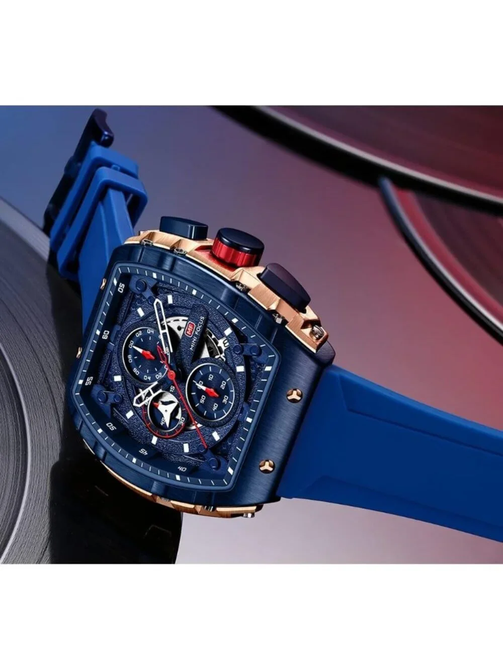 Men's Blue Silicon Strap Quartz Chronograph Waterproof Luminous Tonneau Watch